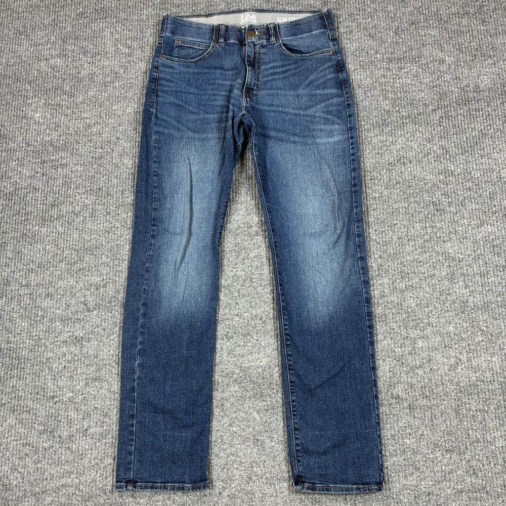 Lee Mens Slim Straight Jeans Size 32x34 Blue Denim Casual Low Rise Stretch